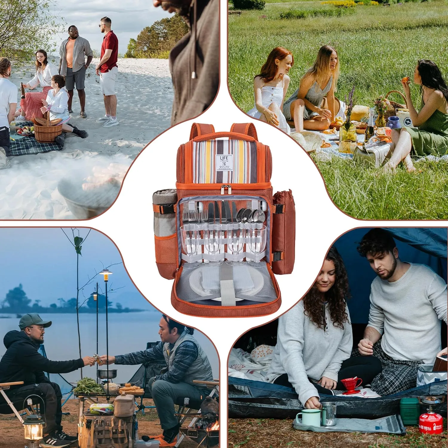 Picnic Backpack for 4 Person with 2 Insulated Leakproof Cooler Compartment, 4 Cutlery Sets, Wine Holder, Fleece Blanket, Perfect for Beach, Camping, Hiking, Brown