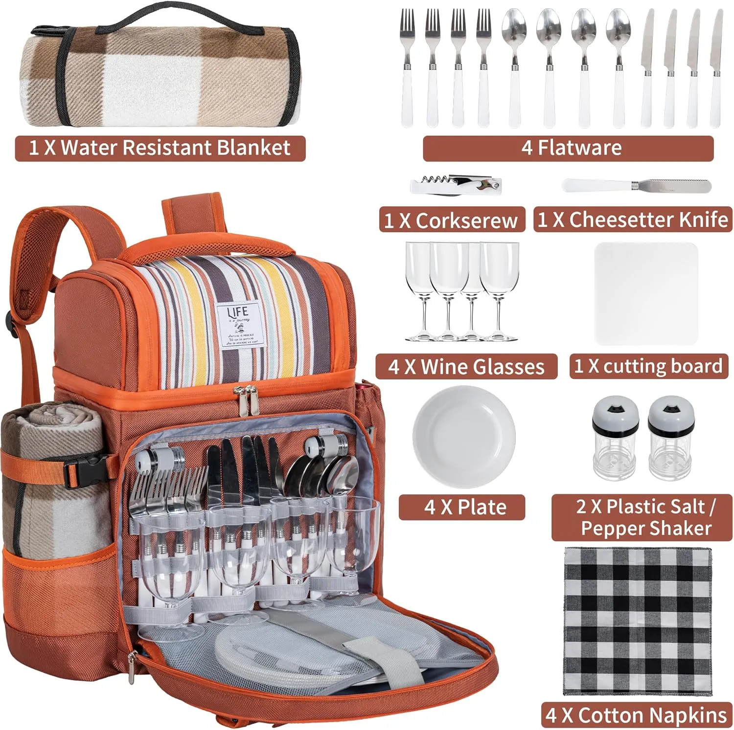Picnic Backpack for 4 Person with 2 Insulated Leakproof Cooler Compartment, 4 Cutlery Sets, Wine Holder, Fleece Blanket, Perfect for Beach, Camping, Hiking, Brown