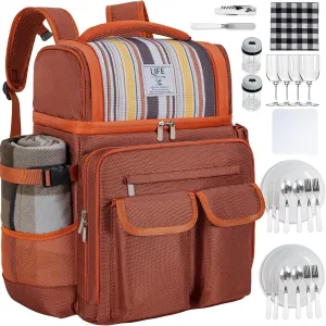 Picnic Backpack for 4 Person with 2 Insulated Leakproof Cooler Compartment, 4 Cutlery Sets, Wine Holder, Fleece Blanket, Perfect for Beach, Camping, Hiking, Brown