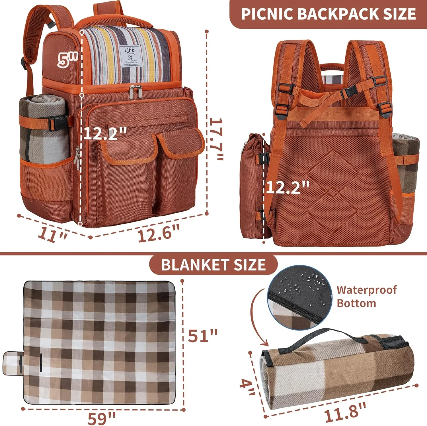 Picnic Backpack for 4 Person with 2 Insulated Leakproof Cooler Compartment, 4 Cutlery Sets, Wine Holder, Fleece Blanket, Perfect for Beach, Camping, Hiking, Brown