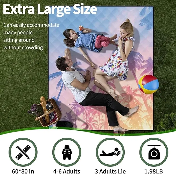 Picnic Blankets Beach Blanket 60"x80" Waterproof Sandproof Extra Large Outdoor Mat for Grass Camping Essentials Travel Accessories Vacation Gear Must Haves Gifts for Women Couple Family