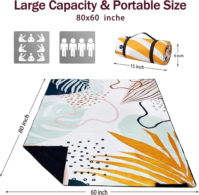 Picnic Blankets Beach Blanket 80" X 60" Extra Large Waterproof Camping Blankets Portable Outdoor Mat 3-Layer blanket for Beach, Hiking, Park, Music Festival, Grass Lawn,Travel