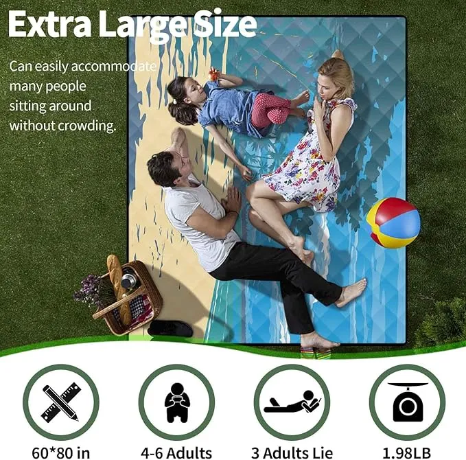 Picnic Blankets Outdoor Waterproof Sand Free 60"x80" Extra Large Beach Blanket Camping Essentials Vacation Accessories for Adults Camper Gear Must Haves Stuff Gifts Supplies for Women Couple