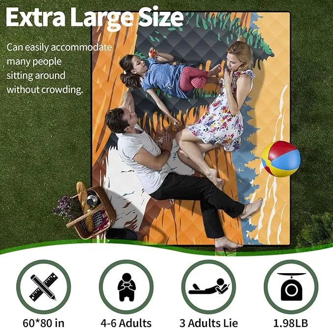 Picnic Blankets Waterproof Sandproof 60x80 Outdoor Portable Lightweight Extra Large Family Beach Blanket Camp Mat for Travel Foldable Outside Lawn Camping Essentials Mats for Grass