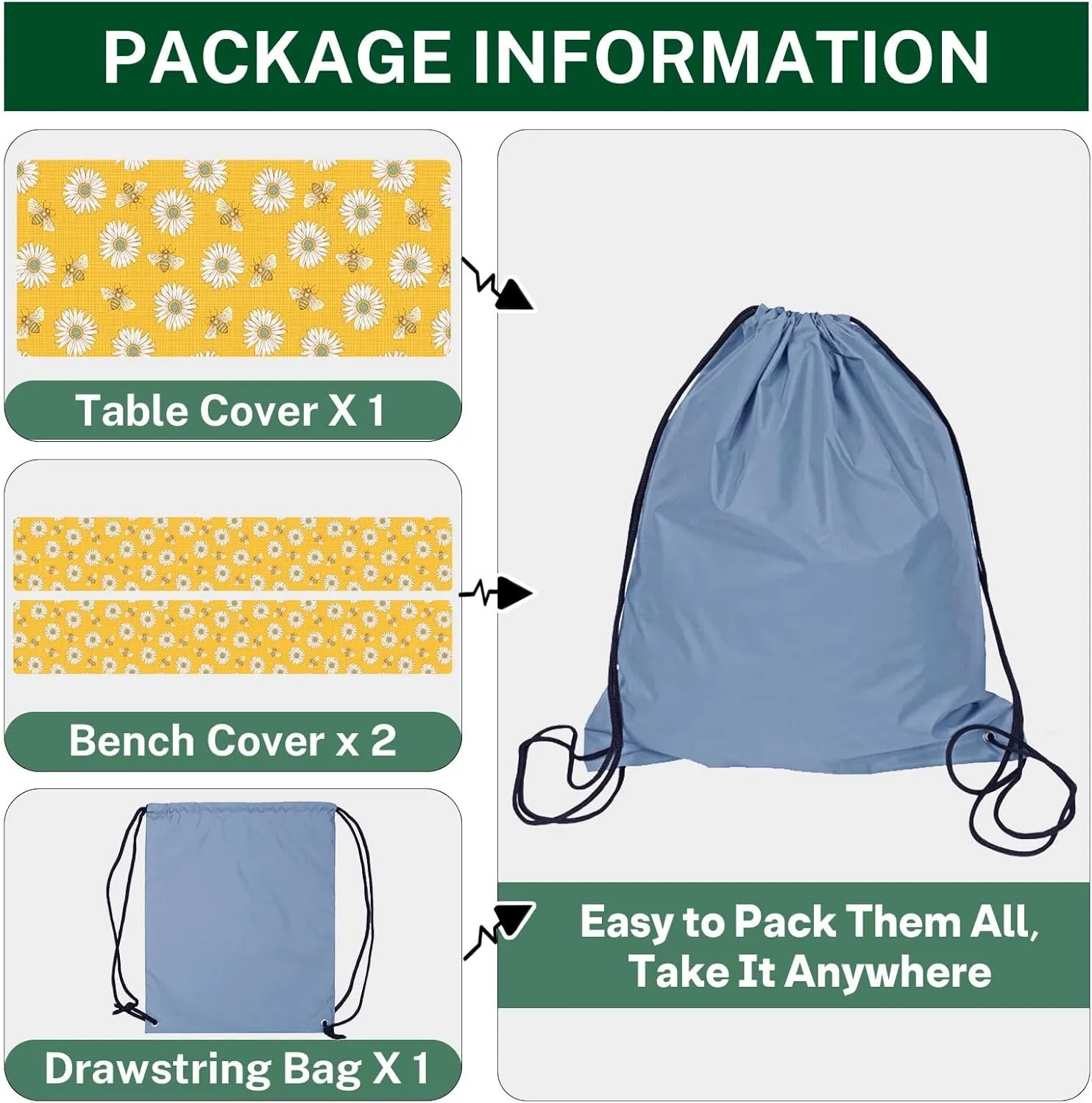 Picnic Table Cover with Bench Covers Elastic Edges, Bees Daisy Fitted Table Cover, Outdoor Patio Camping Essentials 72 Inch 3PCS, Waterproof Camping Fitted Tablecloth with Drawstring Bag
