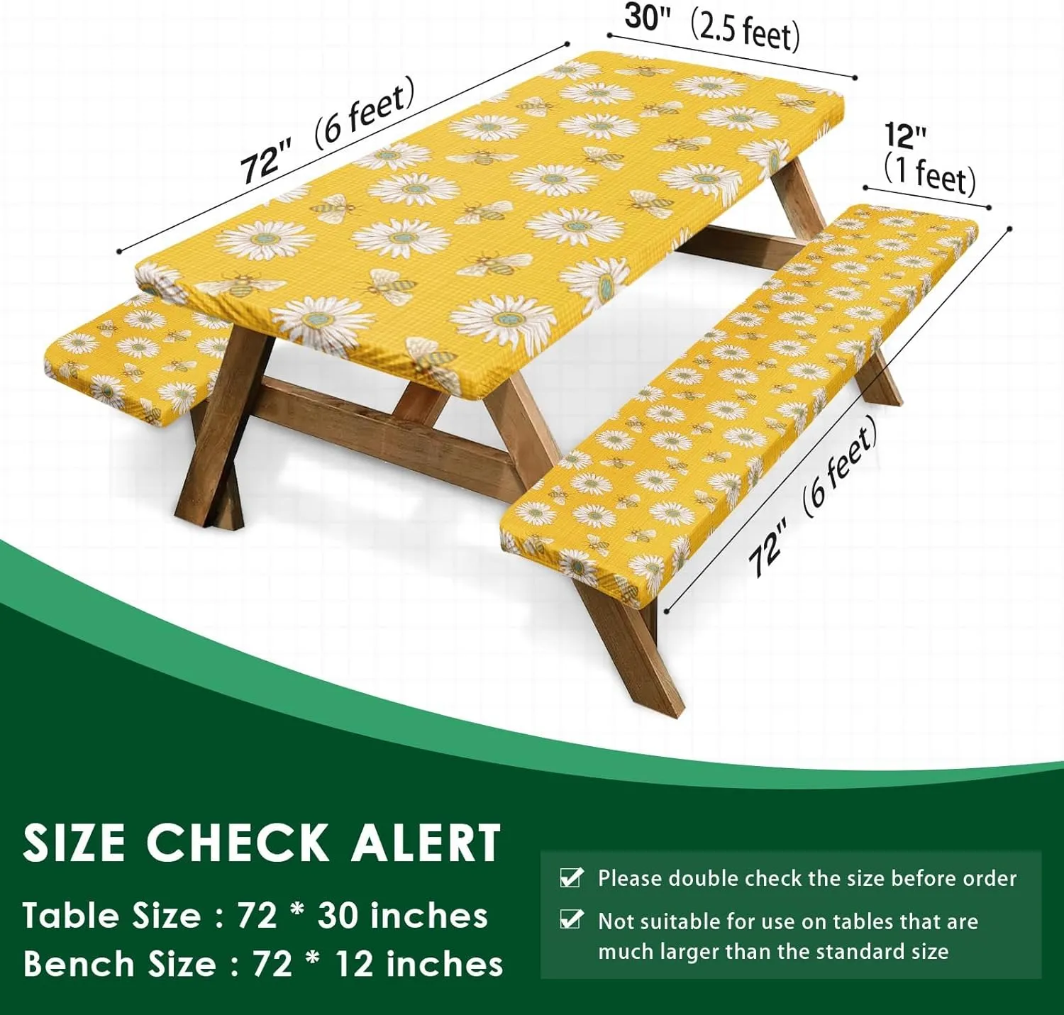 Picnic Table Cover with Bench Covers Elastic Edges, Bees Daisy Fitted Table Cover, Outdoor Patio Camping Essentials 72 Inch 3PCS, Waterproof Camping Fitted Tablecloth with Drawstring Bag