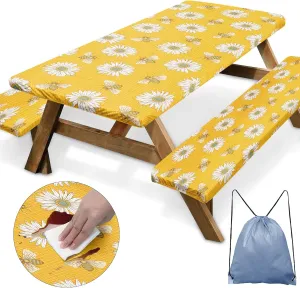 Picnic Table Cover with Bench Covers Elastic Edges, Bees Daisy Fitted Table Cover, Outdoor Patio Camping Essentials 72 Inch 3PCS, Waterproof Camping Fitted Tablecloth with Drawstring Bag