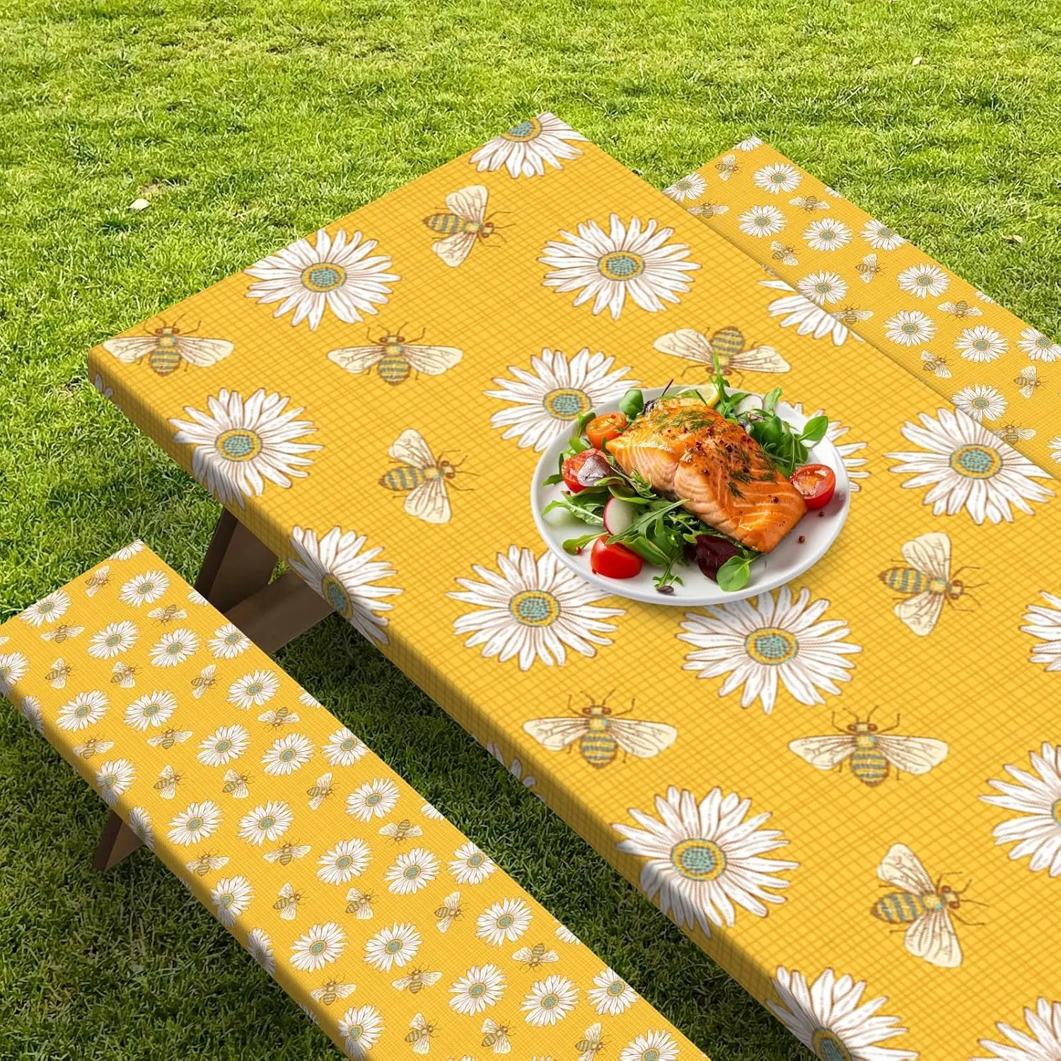 Picnic Table Cover with Bench Covers Elastic Edges, Bees Daisy Fitted Table Cover, Outdoor Patio Camping Essentials 72 Inch 3PCS, Waterproof Camping Fitted Tablecloth with Drawstring Bag