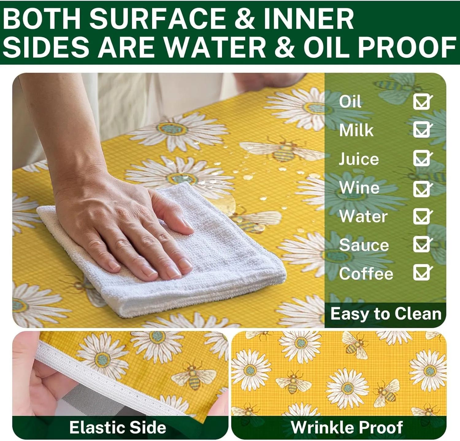 Picnic Table Cover with Bench Covers Elastic Edges, Bees Daisy Fitted Table Cover, Outdoor Patio Camping Essentials 72 Inch 3PCS, Waterproof Camping Fitted Tablecloth with Drawstring Bag