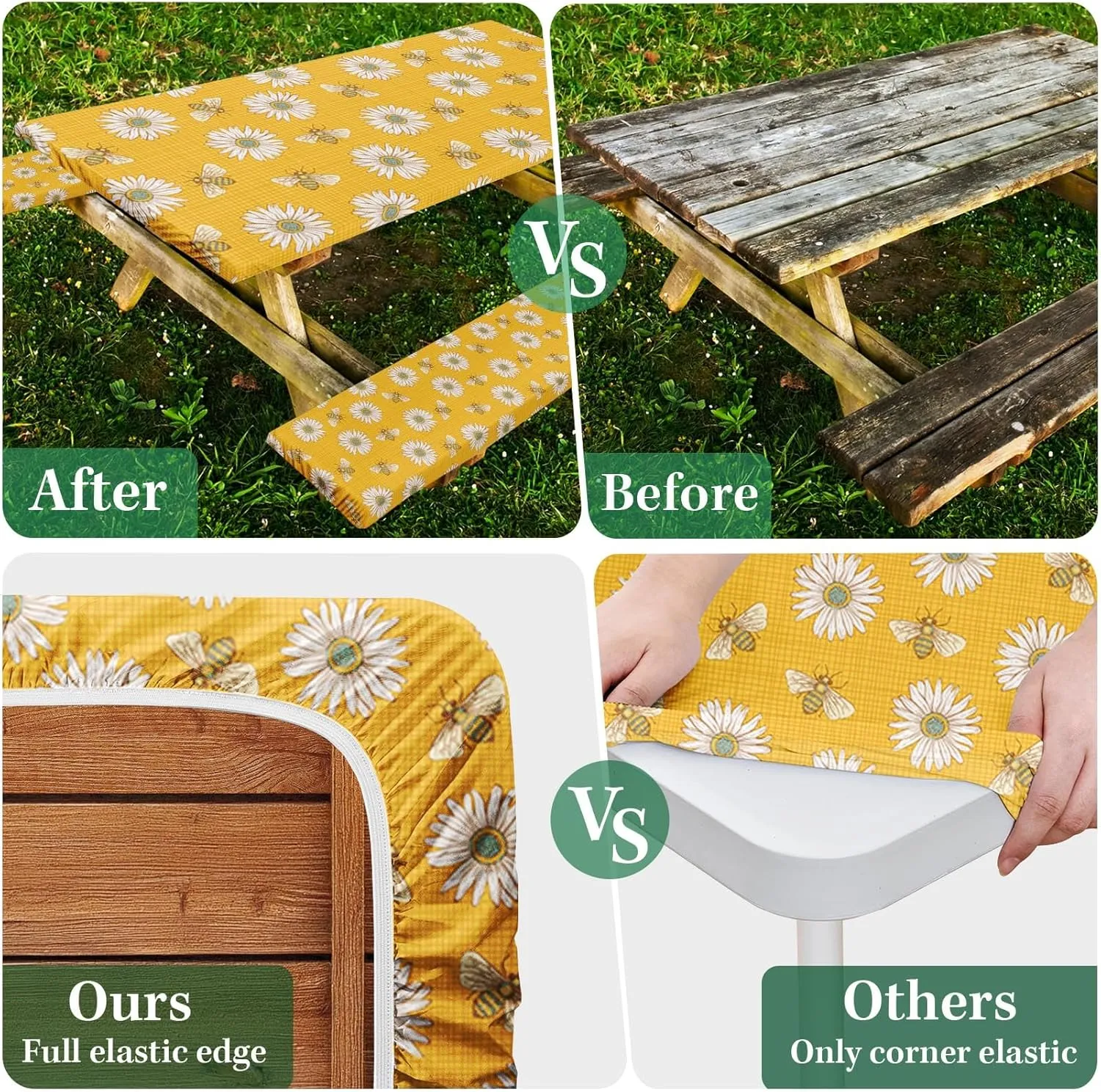 Picnic Table Cover with Bench Covers Elastic Edges, Bees Daisy Fitted Table Cover, Outdoor Patio Camping Essentials 72 Inch 3PCS, Waterproof Camping Fitted Tablecloth with Drawstring Bag