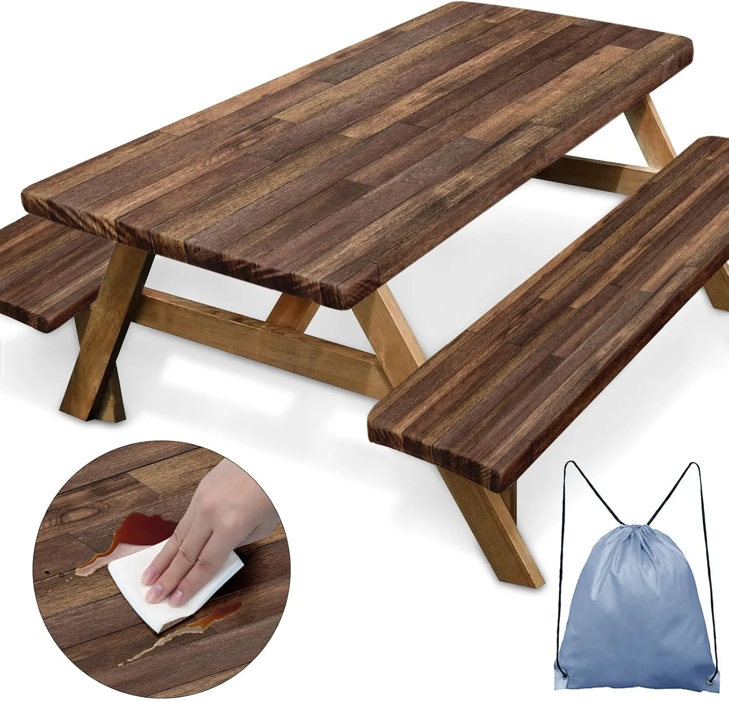 Picnic Table Cover with Bench Covers Elastic Edges, Brown Wood Fitted Table Cover, Outdoor Patio Camping Essentials 72 Inch 3PCS, Waterproof Camping Fitted Tablecloth with Drawstring Bag