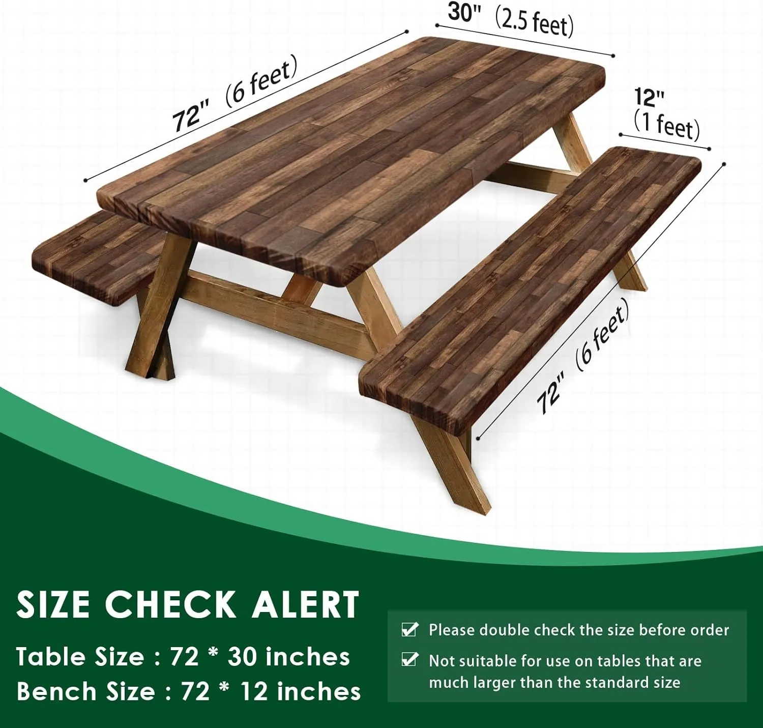 Picnic Table Cover with Bench Covers Elastic Edges, Brown Wood Fitted Table Cover, Outdoor Patio Camping Essentials 72 Inch 3PCS, Waterproof Camping Fitted Tablecloth with Drawstring Bag