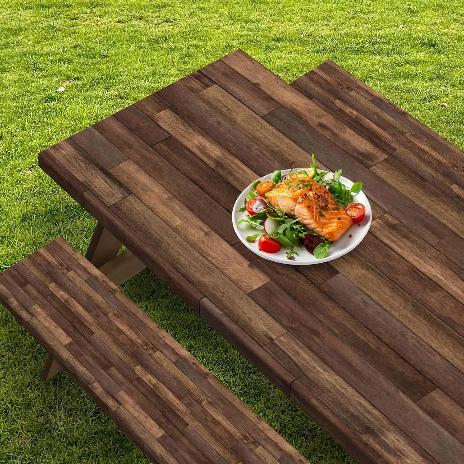 Picnic Table Cover with Bench Covers Elastic Edges, Brown Wood Fitted Table Cover, Outdoor Patio Camping Essentials 72 Inch 3PCS, Waterproof Camping Fitted Tablecloth with Drawstring Bag