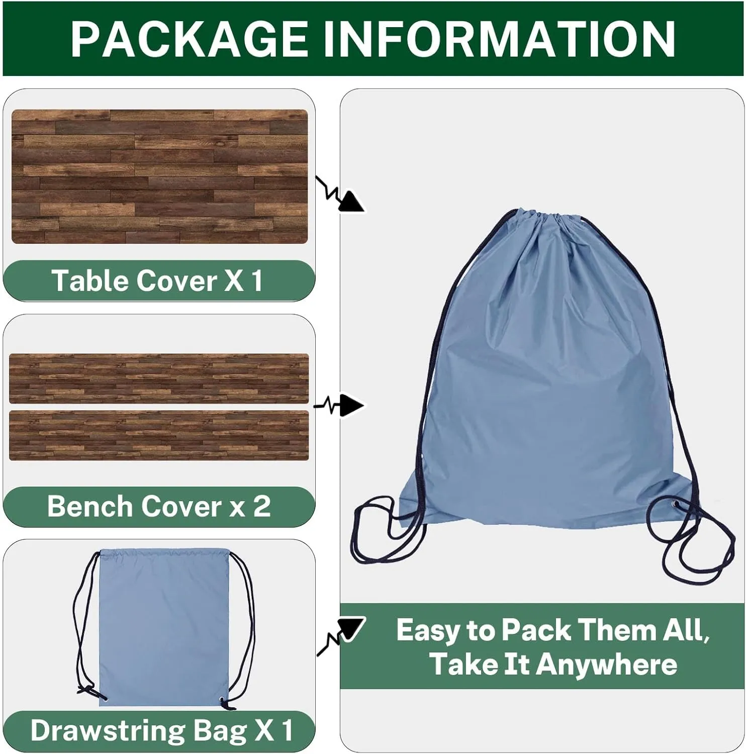 Picnic Table Cover with Bench Covers Elastic Edges, Brown Wood Fitted Table Cover, Outdoor Patio Camping Essentials 72 Inch 3PCS, Waterproof Camping Fitted Tablecloth with Drawstring Bag