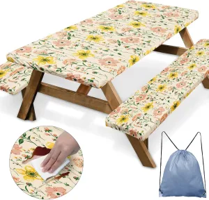 Picnic Table Cover with Bench Covers Elastic Edges, Wild Flower Fitted Table Cover, Outdoor Patio Camping Essentials 72 Inch 3PCS, Waterproof Camping Fitted Tablecloth with Drawstring Bag