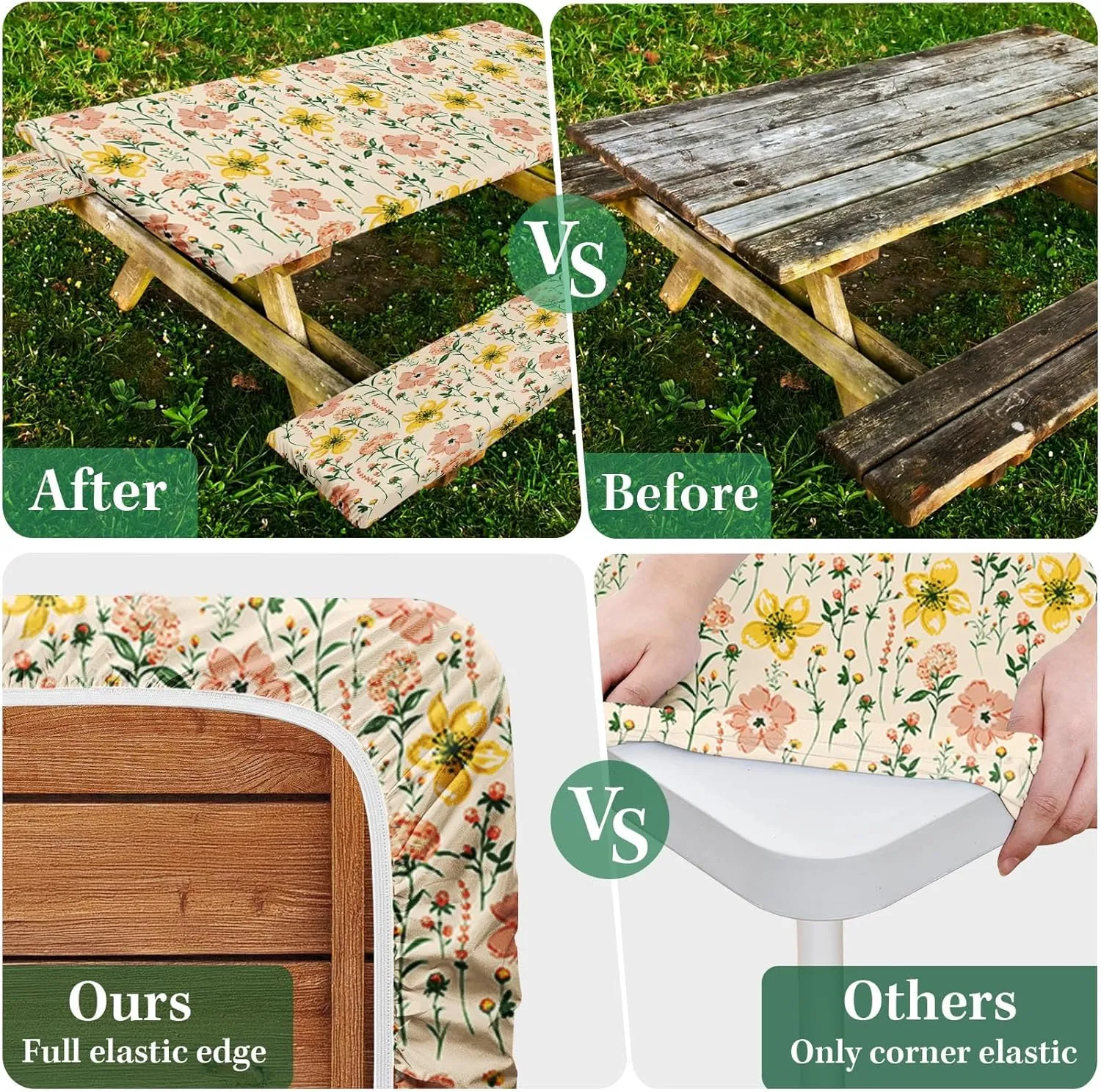 Picnic Table Cover with Bench Covers Elastic Edges, Wild Flower Fitted Table Cover, Outdoor Patio Camping Essentials 72 Inch 3PCS, Waterproof Camping Fitted Tablecloth with Drawstring Bag