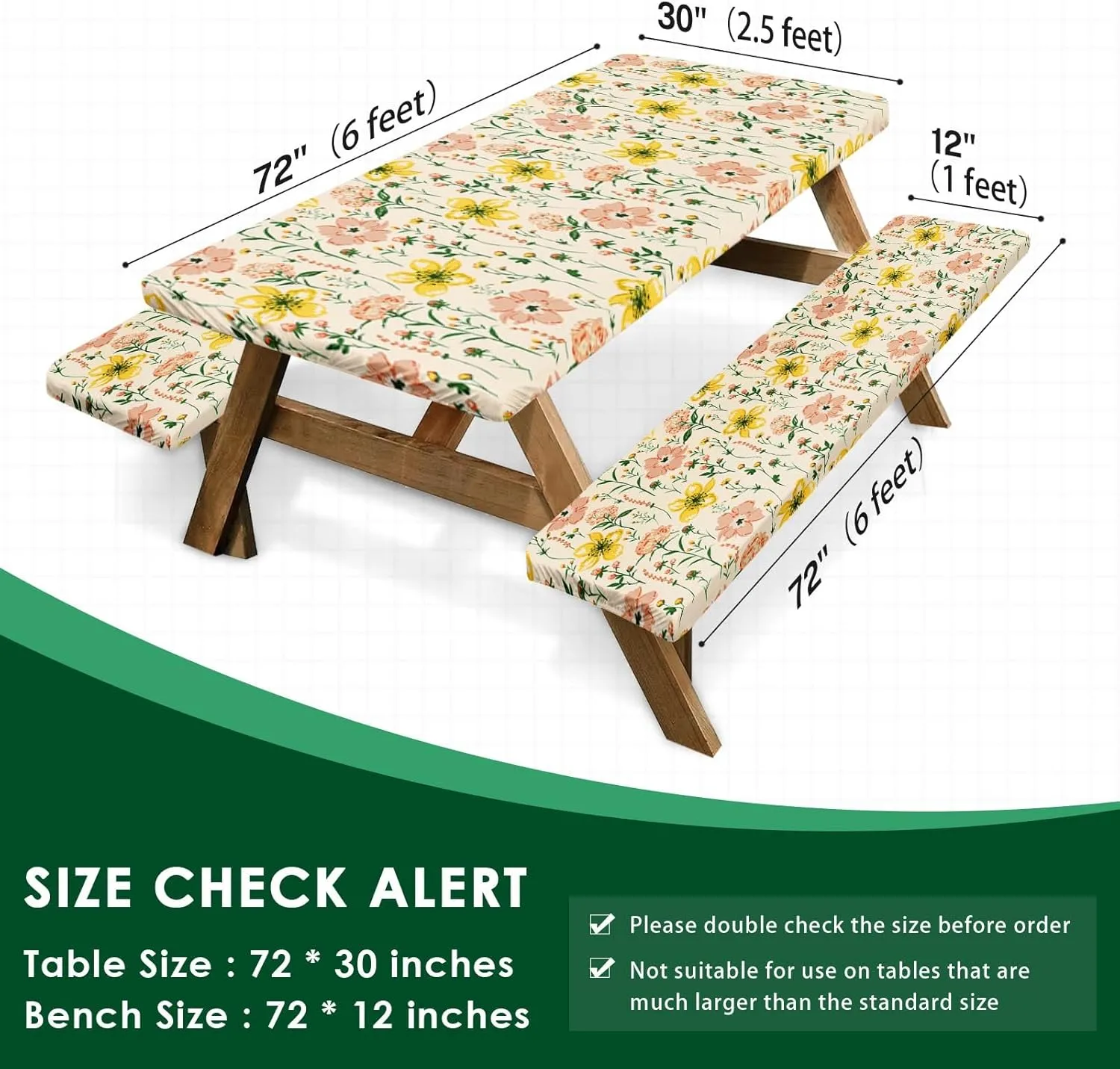 Picnic Table Cover with Bench Covers Elastic Edges, Wild Flower Fitted Table Cover, Outdoor Patio Camping Essentials 72 Inch 3PCS, Waterproof Camping Fitted Tablecloth with Drawstring Bag