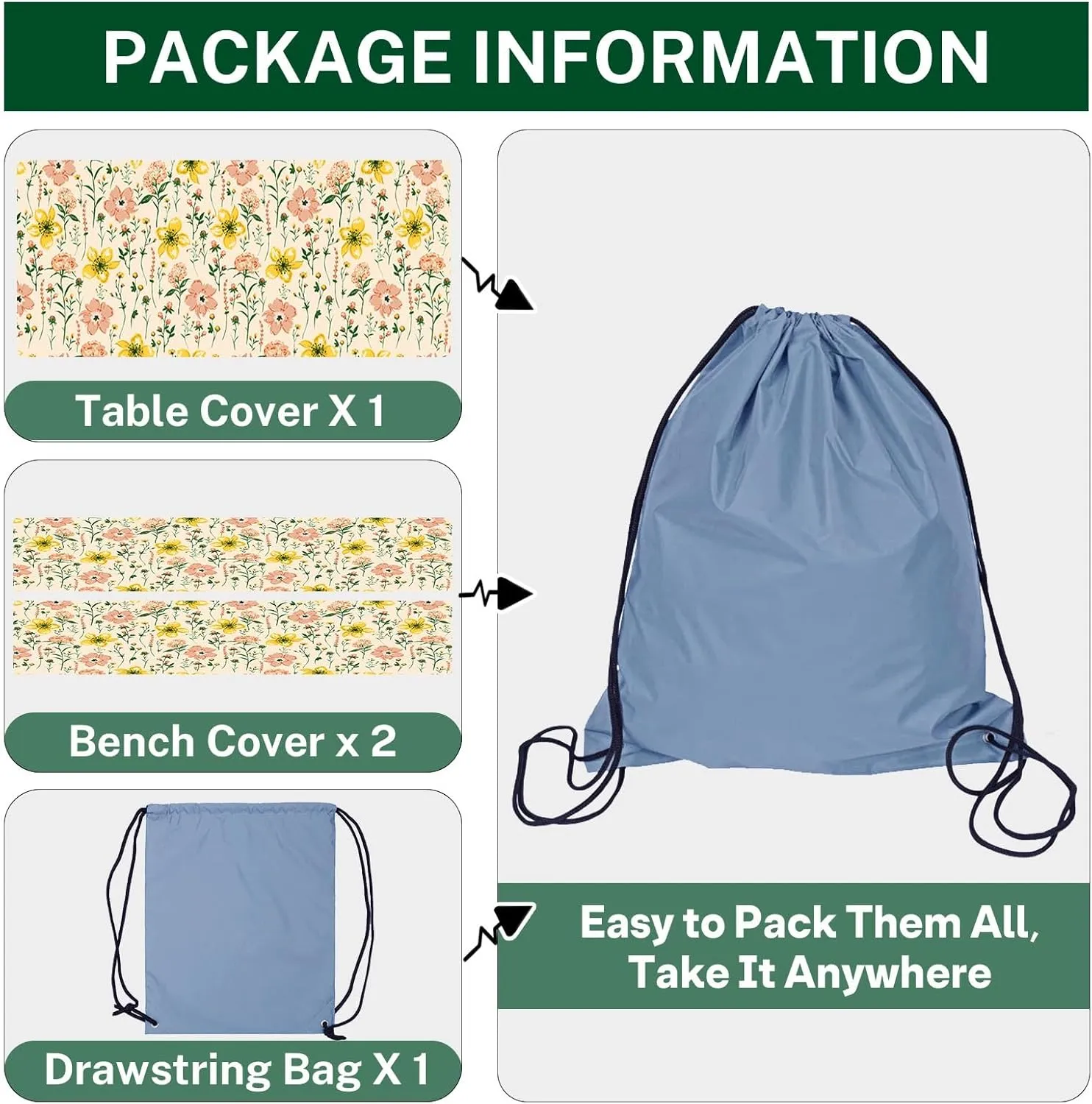 Picnic Table Cover with Bench Covers Elastic Edges, Wild Flower Fitted Table Cover, Outdoor Patio Camping Essentials 72 Inch 3PCS, Waterproof Camping Fitted Tablecloth with Drawstring Bag