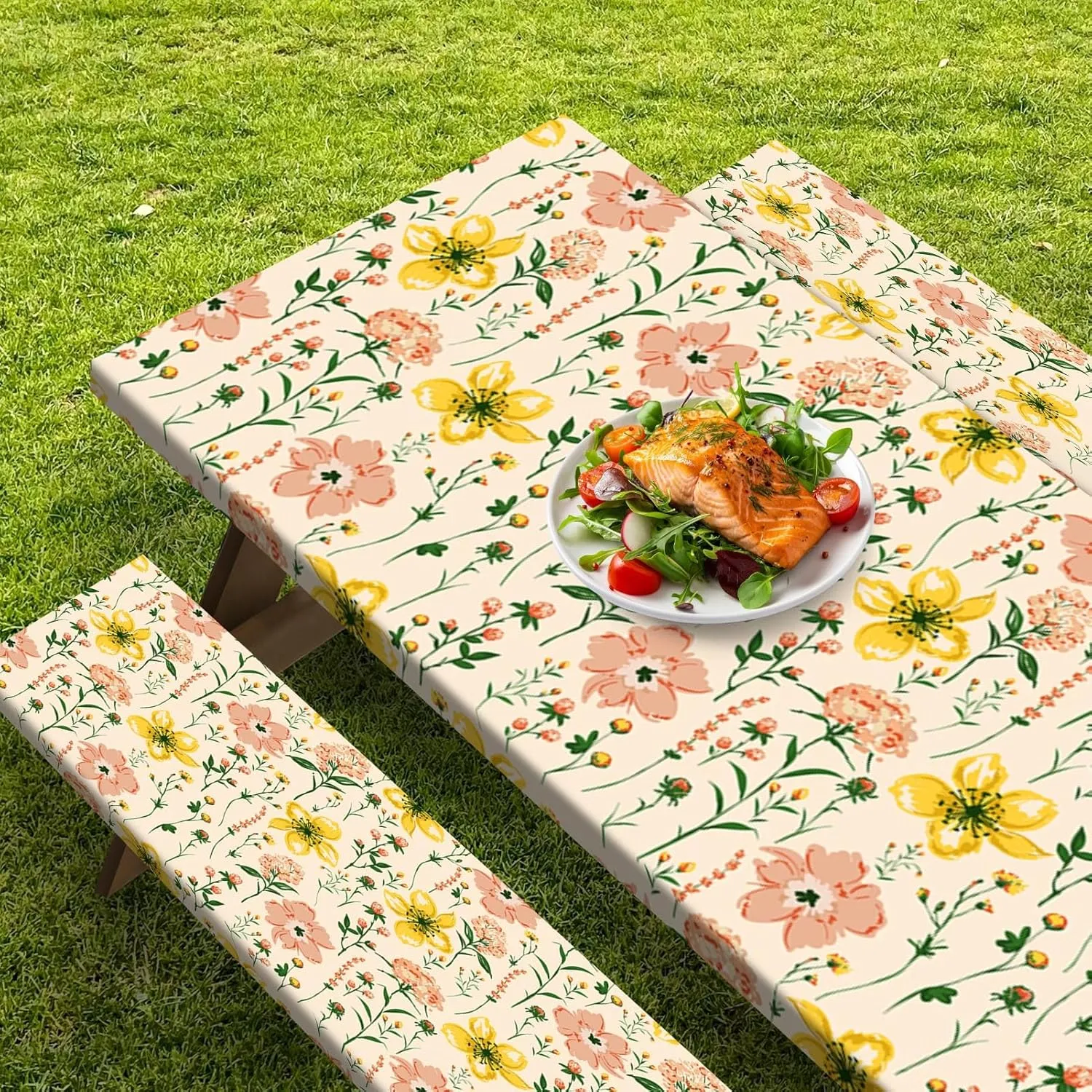Picnic Table Cover with Bench Covers Elastic Edges, Wild Flower Fitted Table Cover, Outdoor Patio Camping Essentials 72 Inch 3PCS, Waterproof Camping Fitted Tablecloth with Drawstring Bag