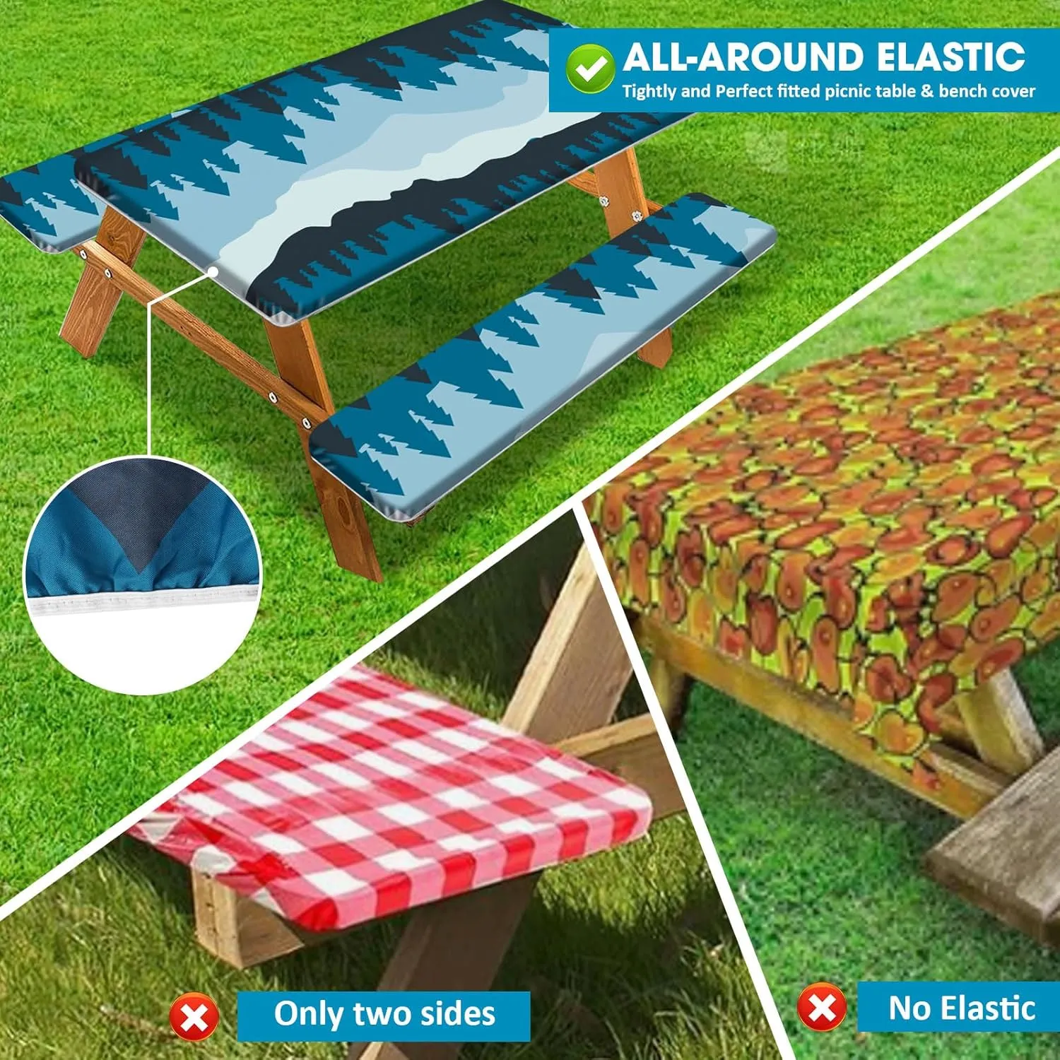 Picnic Table Covers with Bench Covers 3-Pieces Set, Waterproof and Windproof Camping Tablecloth Elastic Edge,Fitted for Rectangle Outdoor Tables,72"(Forest)