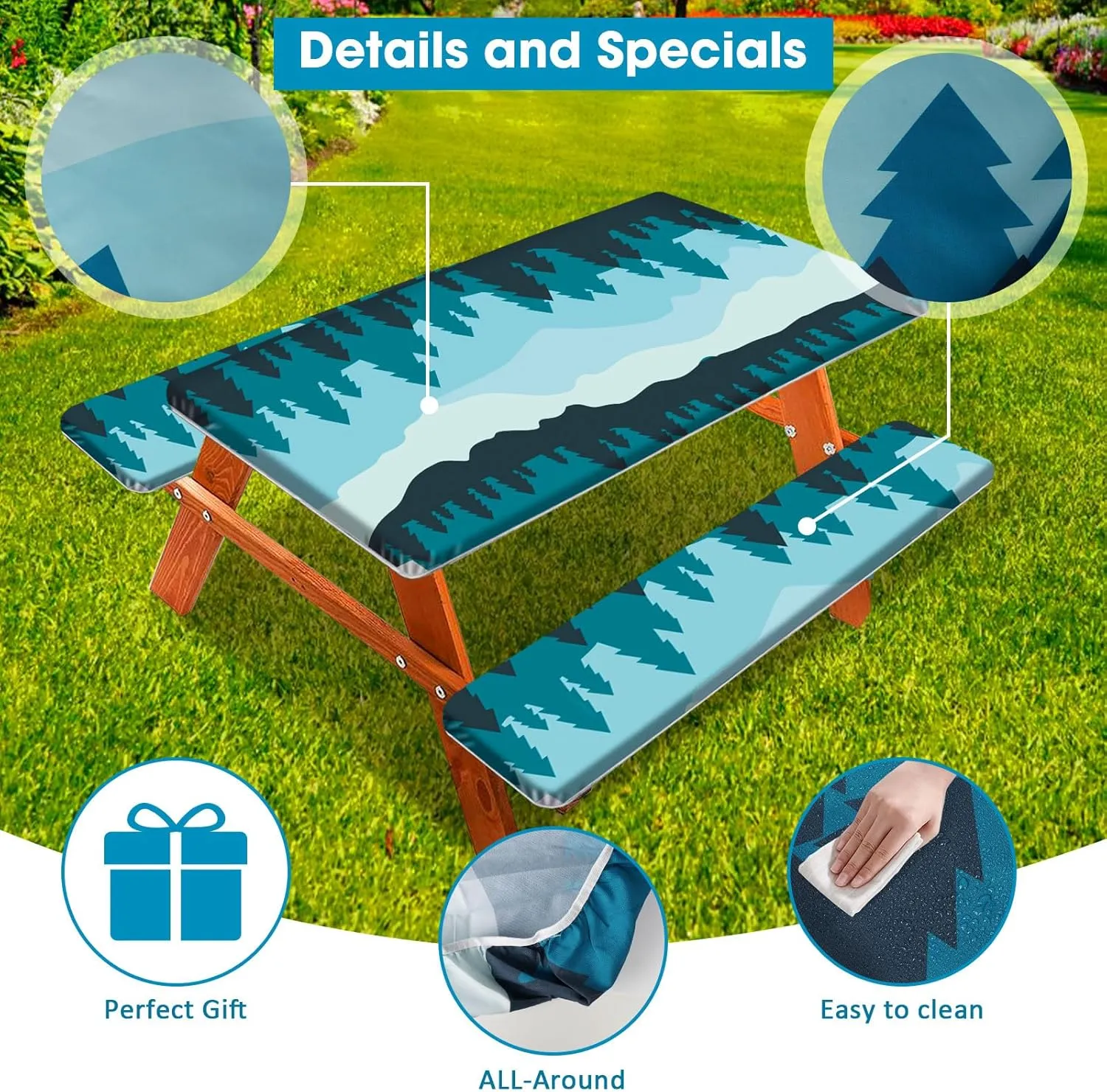 Picnic Table Covers with Bench Covers 3-Pieces Set, Waterproof and Windproof Camping Tablecloth Elastic Edge,Fitted for Rectangle Outdoor Tables,72"(Forest)