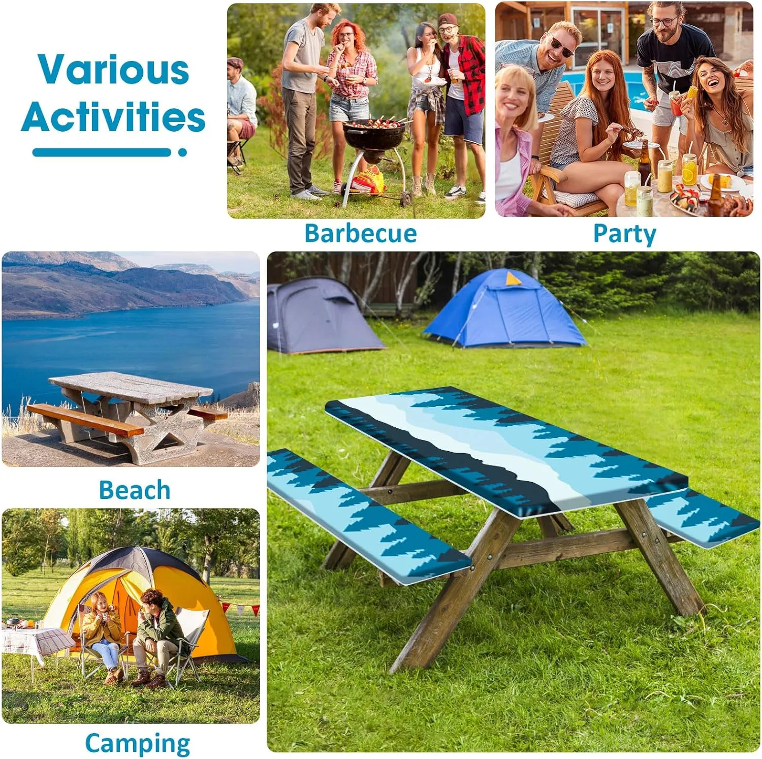 Picnic Table Covers with Bench Covers 3-Pieces Set, Waterproof and Windproof Camping Tablecloth Elastic Edge,Fitted for Rectangle Outdoor Tables,72"(Forest)