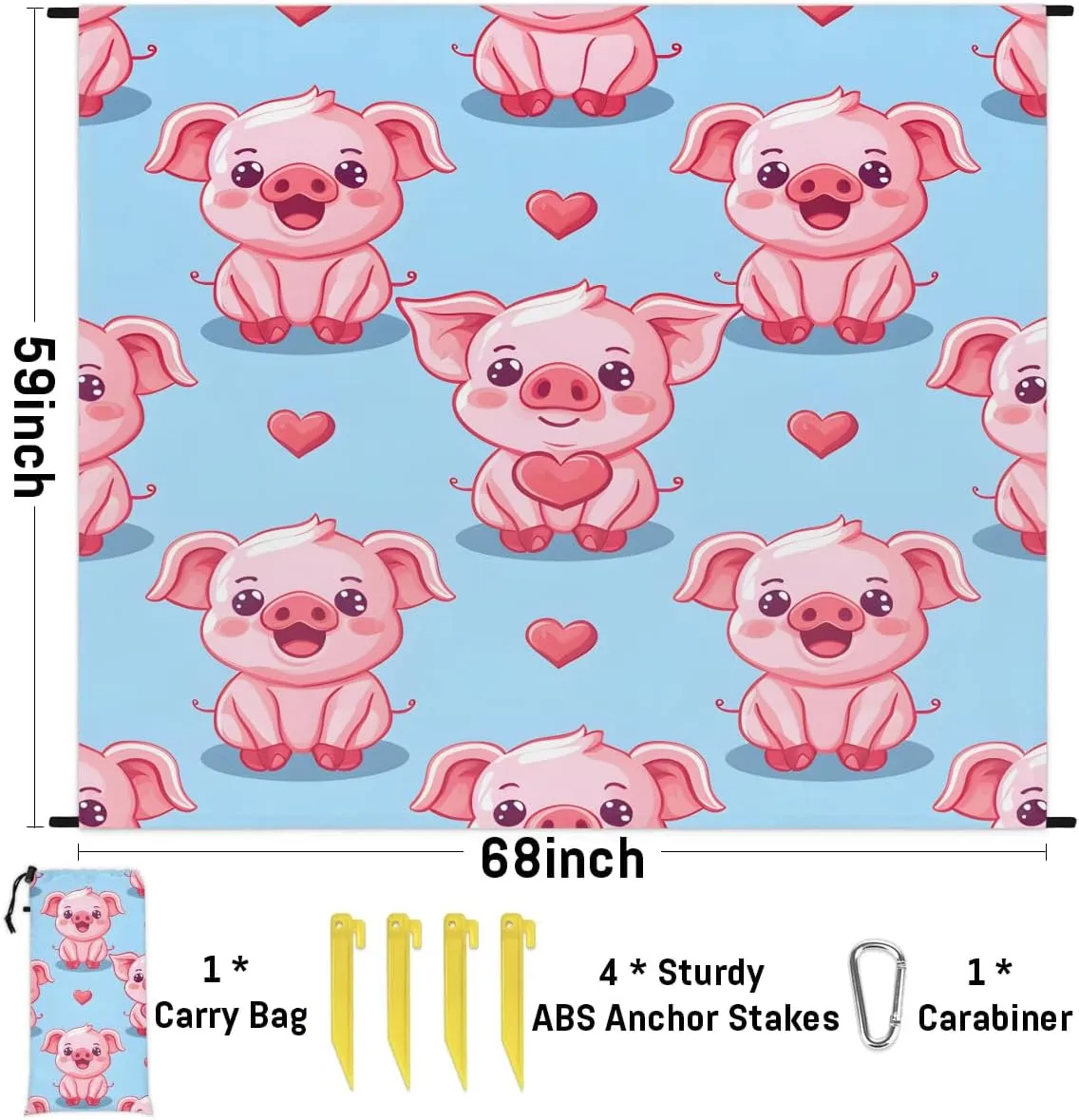 Pig Beach Blanket, Sandproof Beach Mat, 68 x 59 Waterproof Quick Drying Sand Free Mat with 4 x Ground Spikes for Outdoor Travel Camping Hiking, Cute Animal Piggy