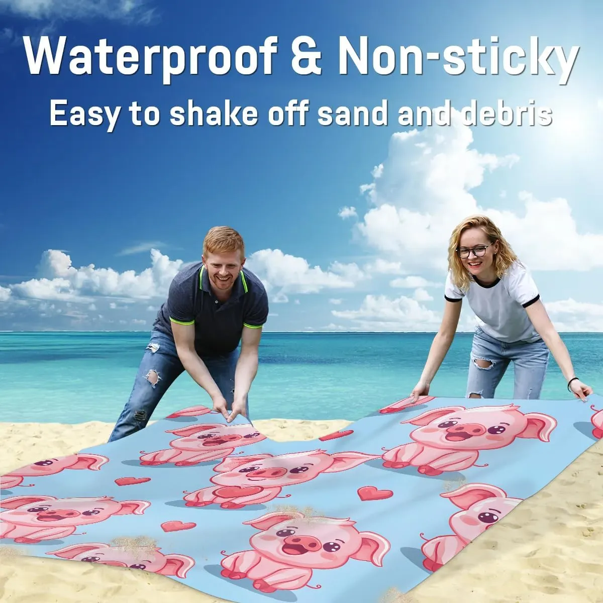 Pig Beach Blanket, Sandproof Beach Mat, 68 x 59 Waterproof Quick Drying Sand Free Mat with 4 x Ground Spikes for Outdoor Travel Camping Hiking, Cute Animal Piggy