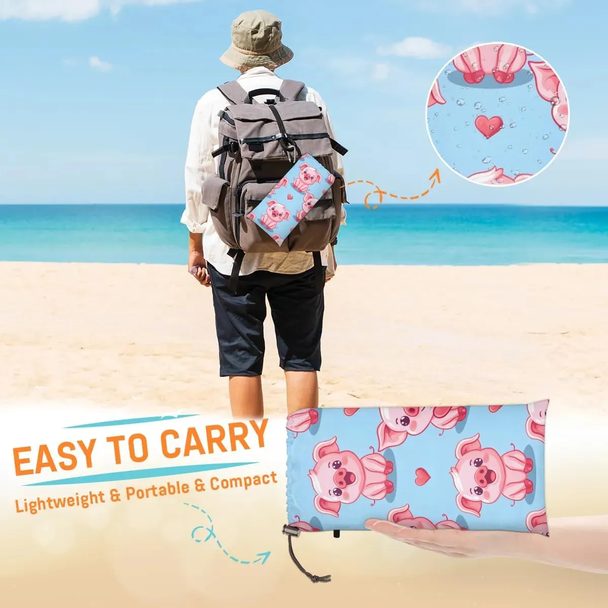Pig Beach Blanket, Sandproof Beach Mat, 68 x 59 Waterproof Quick Drying Sand Free Mat with 4 x Ground Spikes for Outdoor Travel Camping Hiking, Cute Animal Piggy