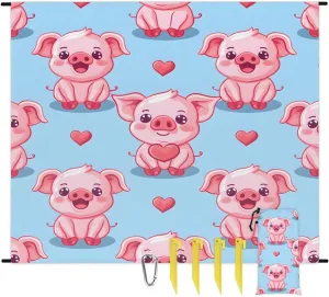 Pig Beach Blanket, Sandproof Beach Mat, 68 x 59 Waterproof Quick Drying Sand Free Mat with 4 x Ground Spikes for Outdoor Travel Camping Hiking, Cute Animal Piggy