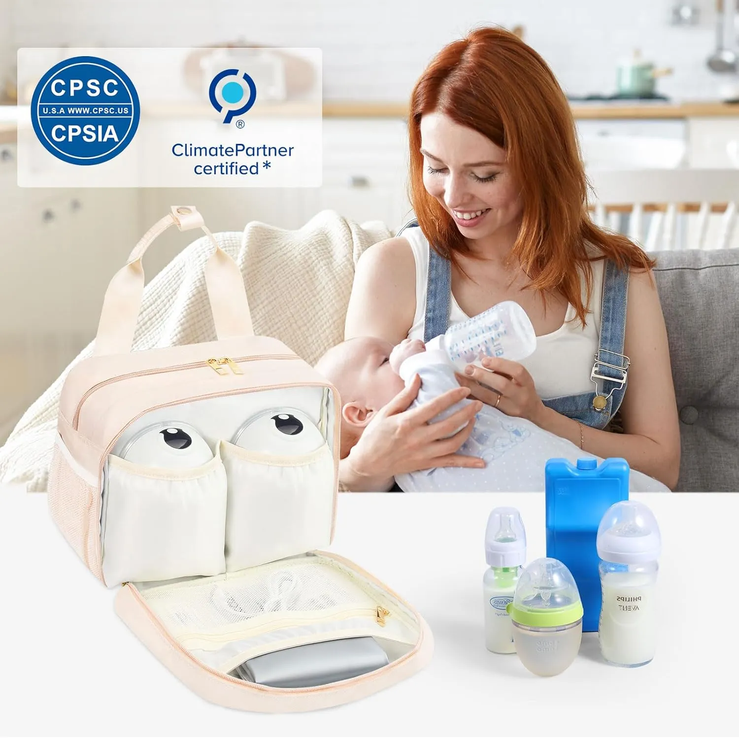 PIIOSER Breastmilk Cooler Bag with Ice Pack, Compatible with Wearable Breast Pumps & Accessories - Portable Pumps Carrying Case for Nursing & Working Moms, Cream