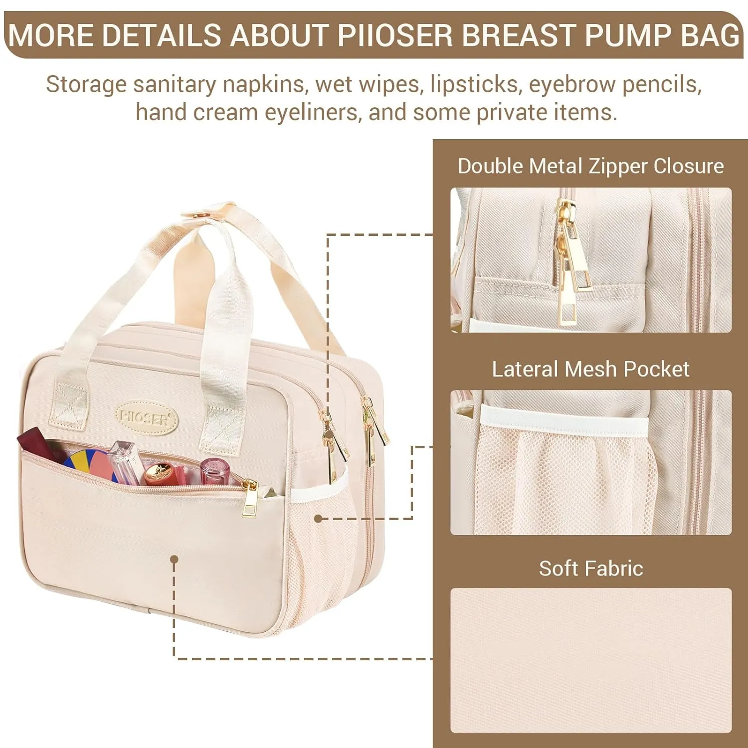 PIIOSER Breastmilk Cooler Bag with Ice Pack, Compatible with Wearable Breast Pumps & Accessories - Portable Pumps Carrying Case for Nursing & Working Moms, Cream