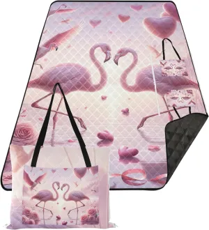 Pink Romantic Flamingo Rose Cute Picnic Blanket Mat Foldable Sand Free Beach Blanket Waterproof Grass Blanket Camping Mat 80" x 60"