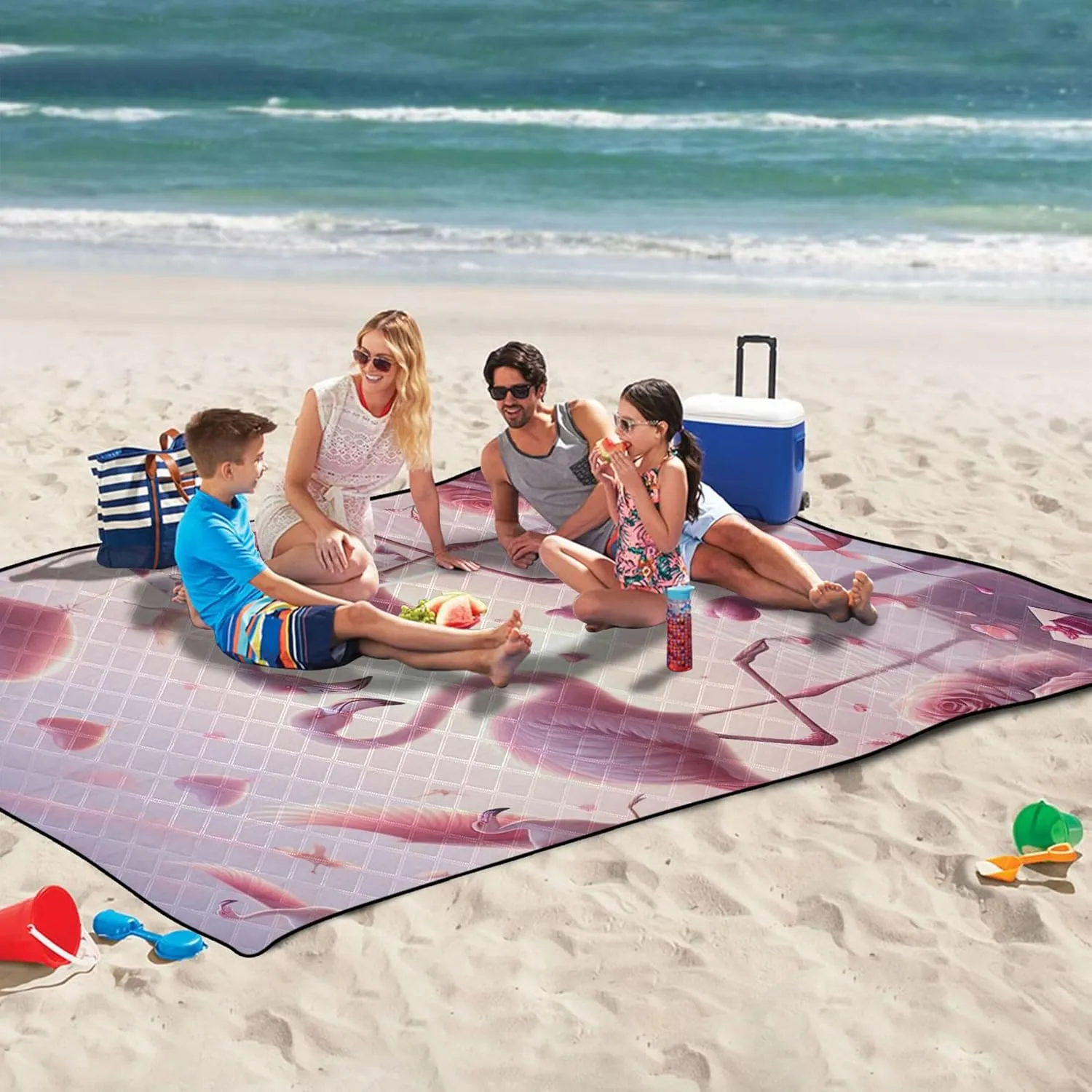 Pink Romantic Flamingo Rose Cute Picnic Blanket Mat Foldable Sand Free Beach Blanket Waterproof Grass Blanket Camping Mat 80" x 60"