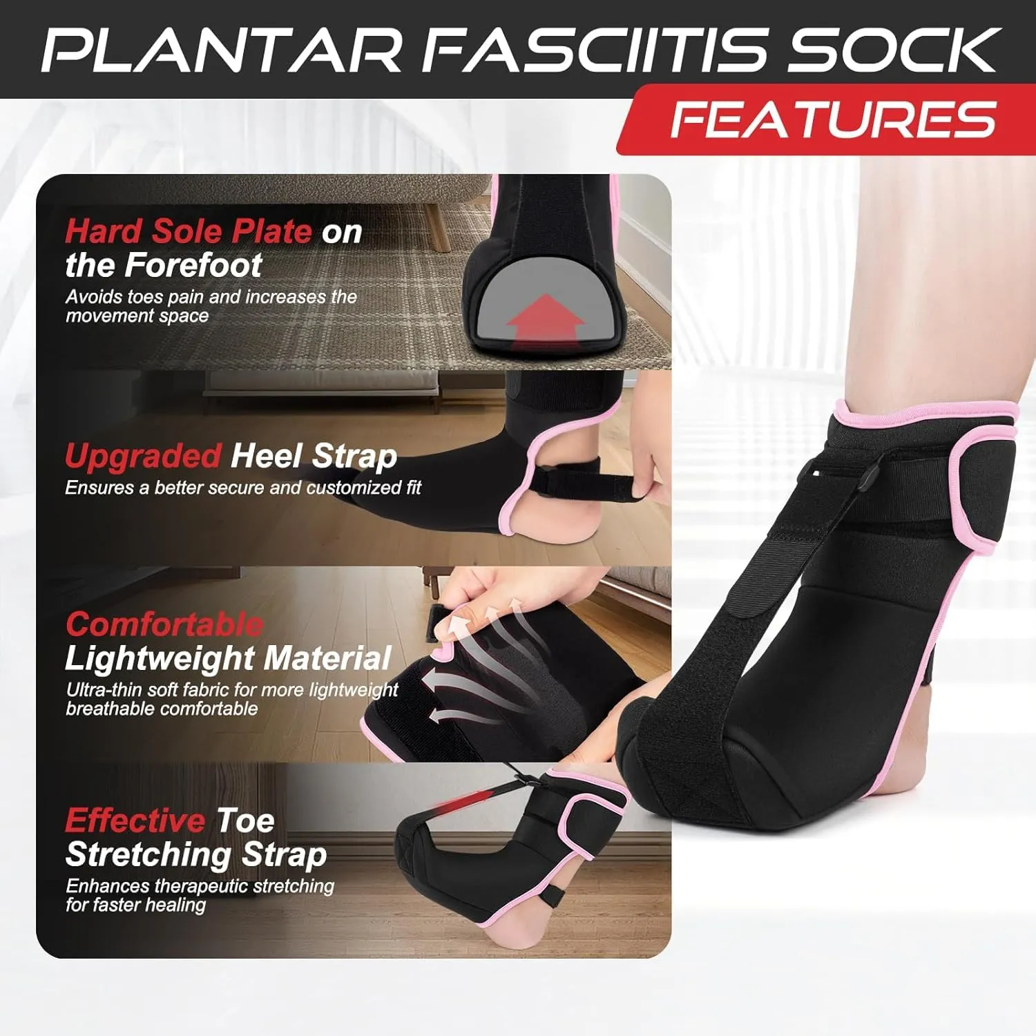 Plantar Fasciitis Night Splint Sock Soft Plantar Fasciitis Brace for Sleeping Achilles Tendonitis Foot Drop Heel Pain - Plantar Fasciitis Relief Night Splint for Women Black-Pink Large