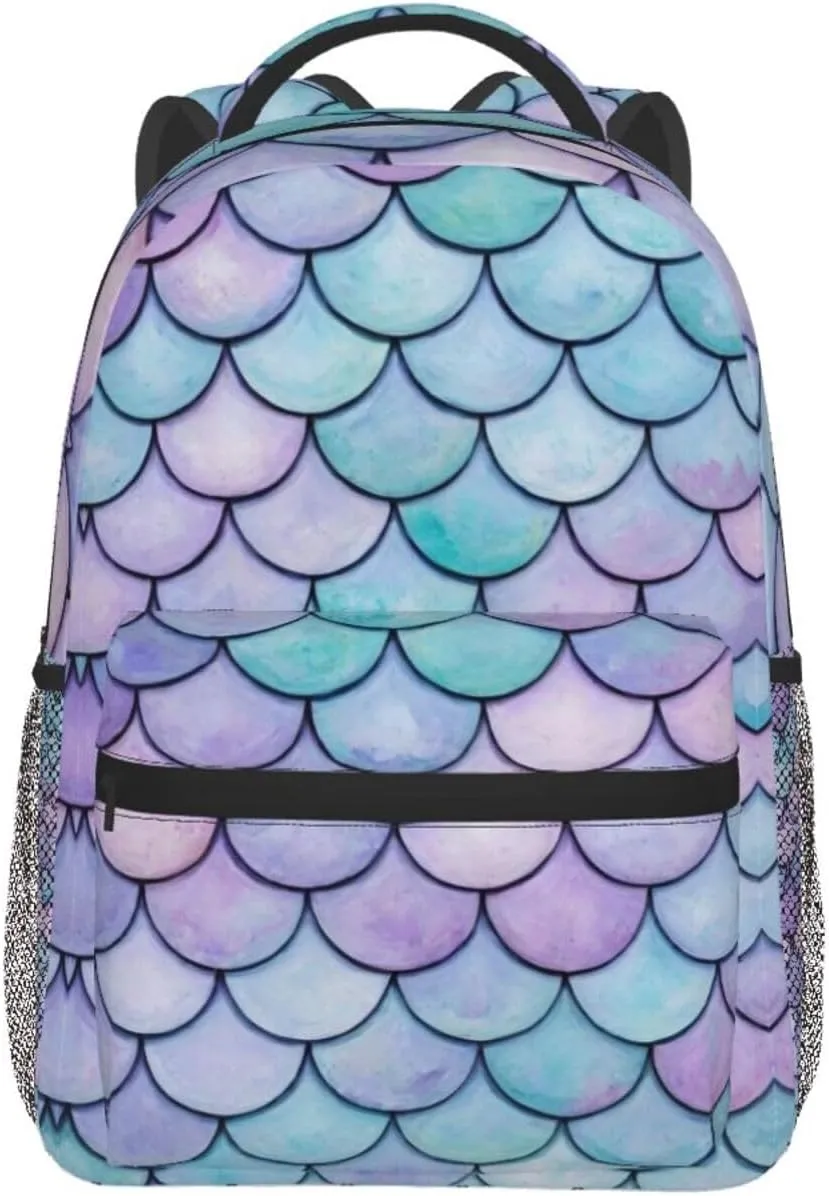 Polyester Daypack Backpack for Sports Travel Running - Big Capacity Anti-Theft Multipurpose Carry On Bag, Beautiful Sparkling Mermaid Scales Art Laptop Book Bag Rucksack