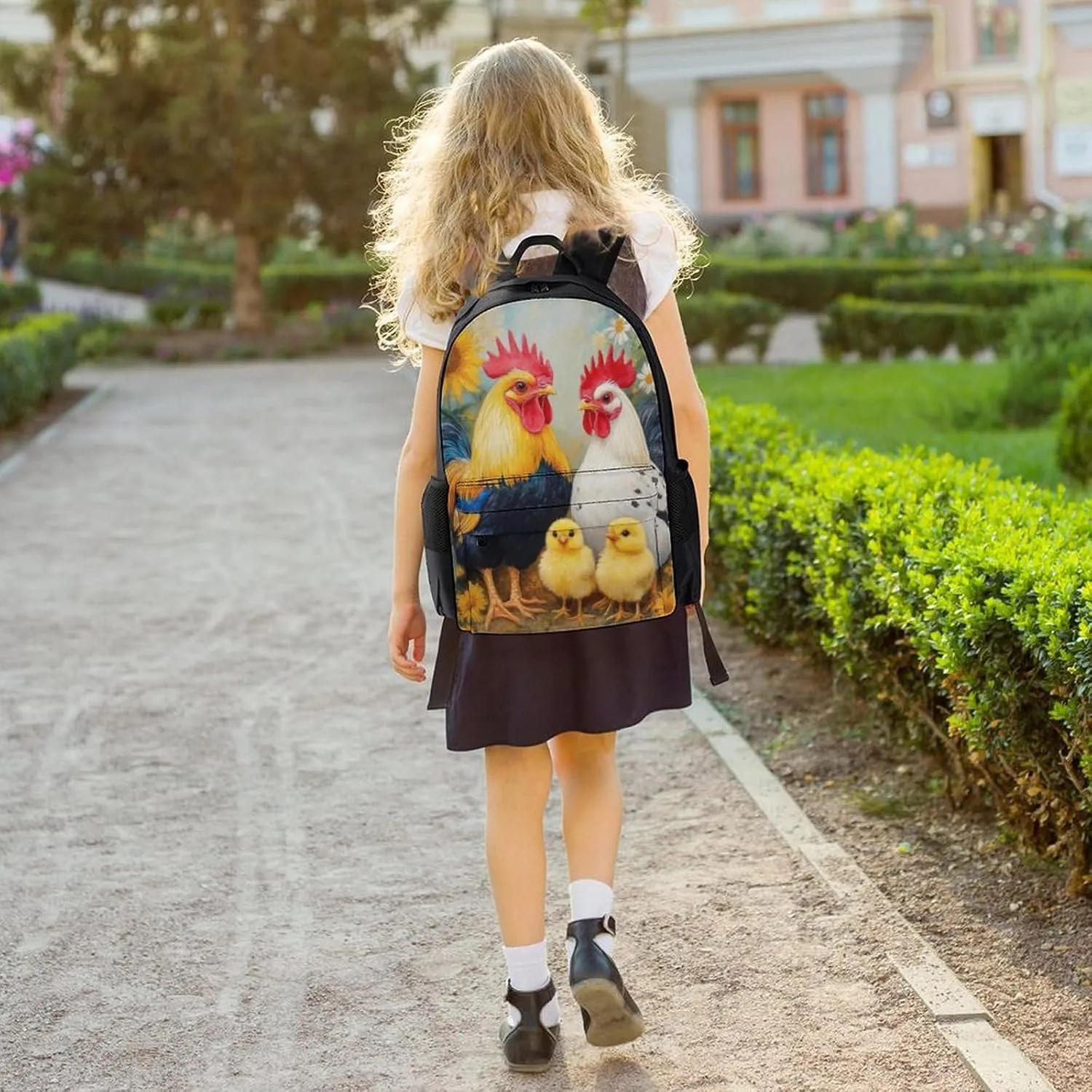 Polyester Daypack for Camping Travel Walking Cycling - Big Capacity Anti-Theft Multipurpose Bookbag, Chicken Rooster Garden Flowers Painting Camping Outdoor Backpack