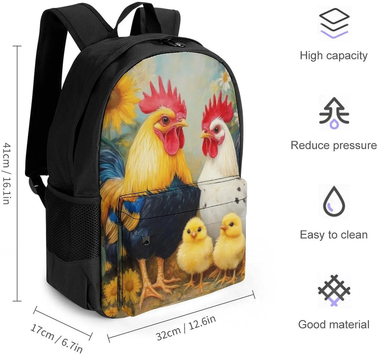 Polyester Daypack for Camping Travel Walking Cycling - Big Capacity Anti-Theft Multipurpose Bookbag, Chicken Rooster Garden Flowers Painting Camping Outdoor Backpack