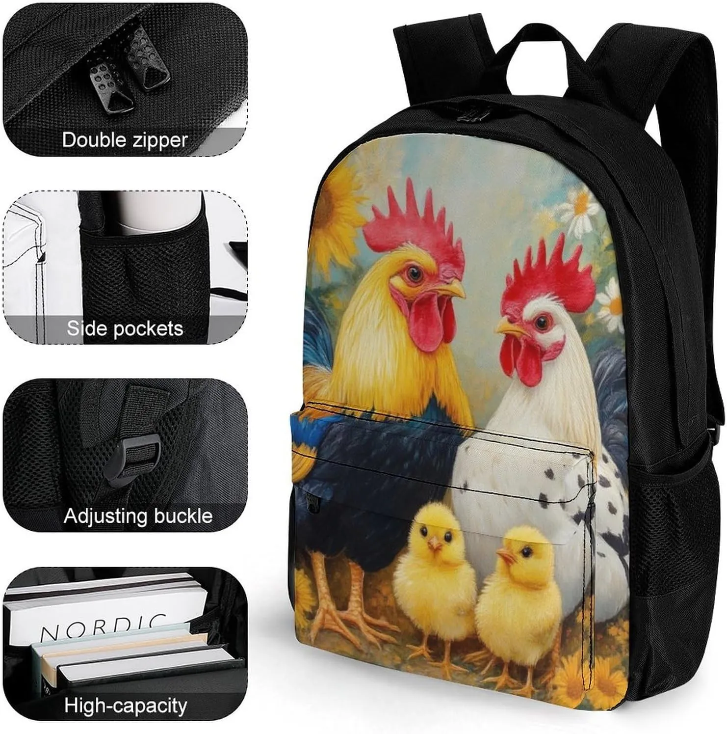 Polyester Daypack for Camping Travel Walking Cycling - Big Capacity Anti-Theft Multipurpose Bookbag, Chicken Rooster Garden Flowers Painting Camping Outdoor Backpack