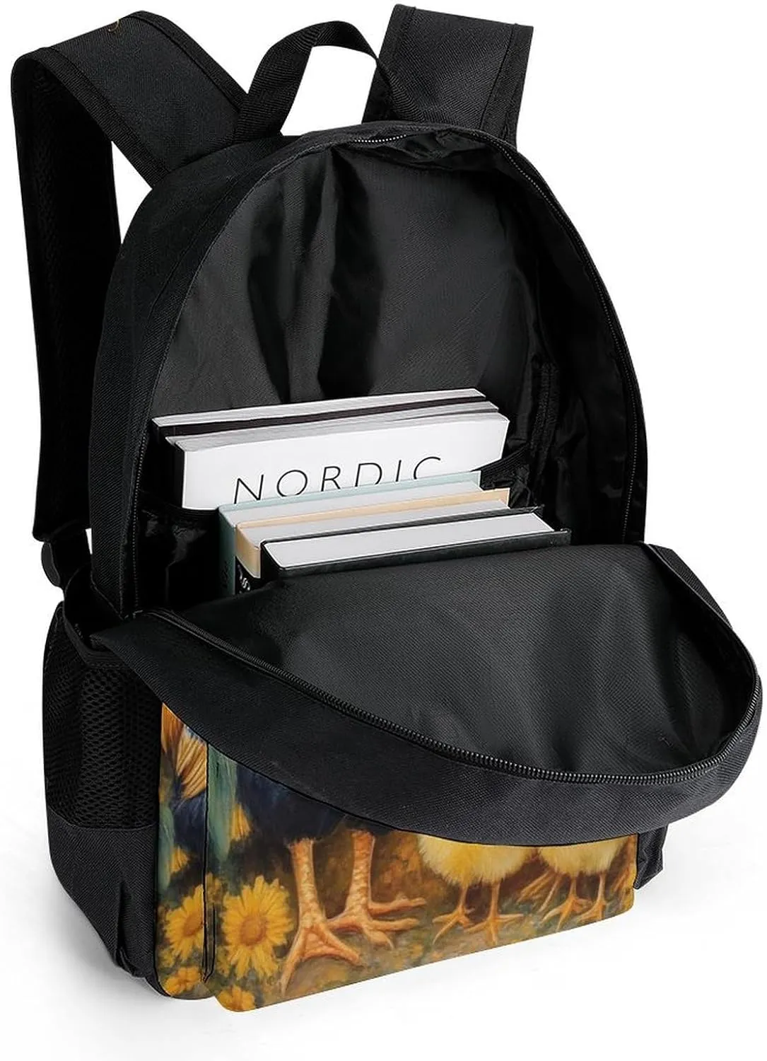 Polyester Daypack for Camping Travel Walking Cycling - Big Capacity Anti-Theft Multipurpose Bookbag, Chicken Rooster Garden Flowers Painting Camping Outdoor Backpack