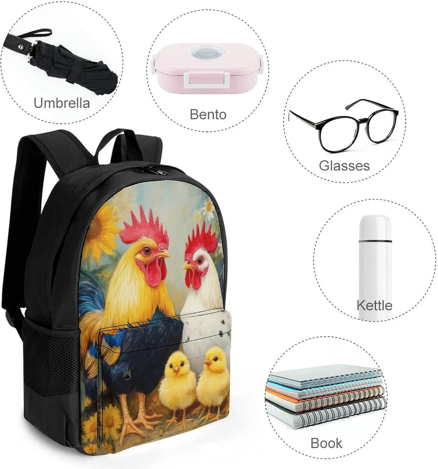 Polyester Daypack for Camping Travel Walking Cycling - Big Capacity Anti-Theft Multipurpose Bookbag, Chicken Rooster Garden Flowers Painting Camping Outdoor Backpack