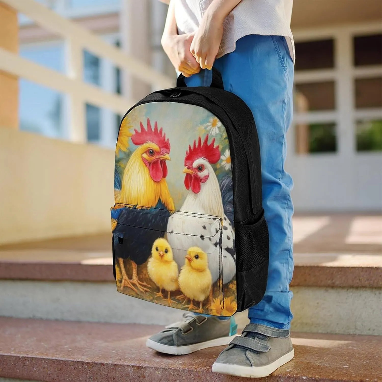 Polyester Daypack for Camping Travel Walking Cycling - Big Capacity Anti-Theft Multipurpose Bookbag, Chicken Rooster Garden Flowers Painting Camping Outdoor Backpack
