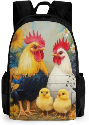 Polyester Daypack for Camping Travel Walking Cycling - Big Capacity Anti-Theft Multipurpose Bookbag, Chicken Rooster Garden Flowers Painting Camping Outdoor Backpack