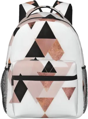 Polyester Daypack for Hiking Work Running - Big Capacity Anti-Theft Multipurpose Shoulder Bag, Geometric Triangles Rose Gold White Art Travel and Sport Backpack Rucksack