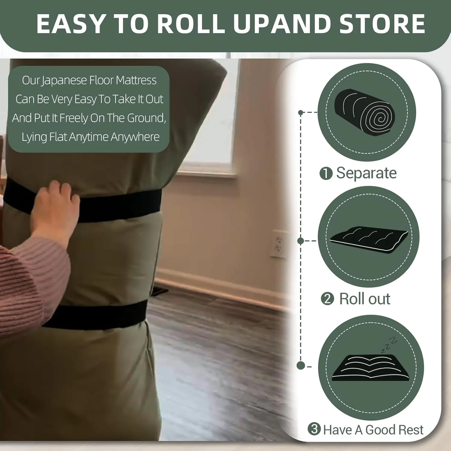 Polyester Fiber Foldable Roll Up 100 High Density Comfortable Foam Futon Mattress Japanese Tatami Floor Sleeping Pad Thicken Guests Bed Dormitory Adult Kids 80 x 39 x 3 Inches - Green