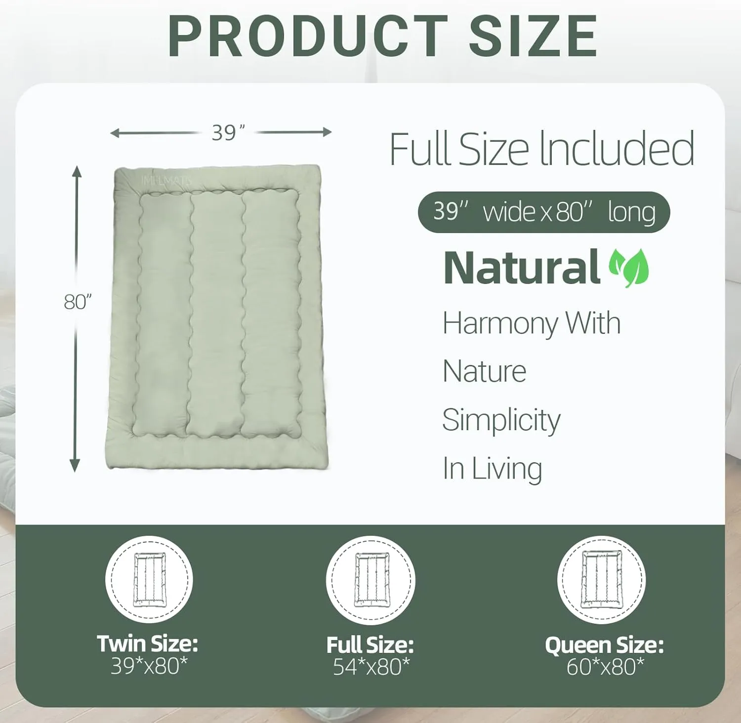 Polyester Fiber Foldable Roll Up 100 High Density Comfortable Foam Futon Mattress Japanese Tatami Floor Sleeping Pad Thicken Guests Bed Dormitory Adult Kids 80 x 39 x 3 Inches - Green