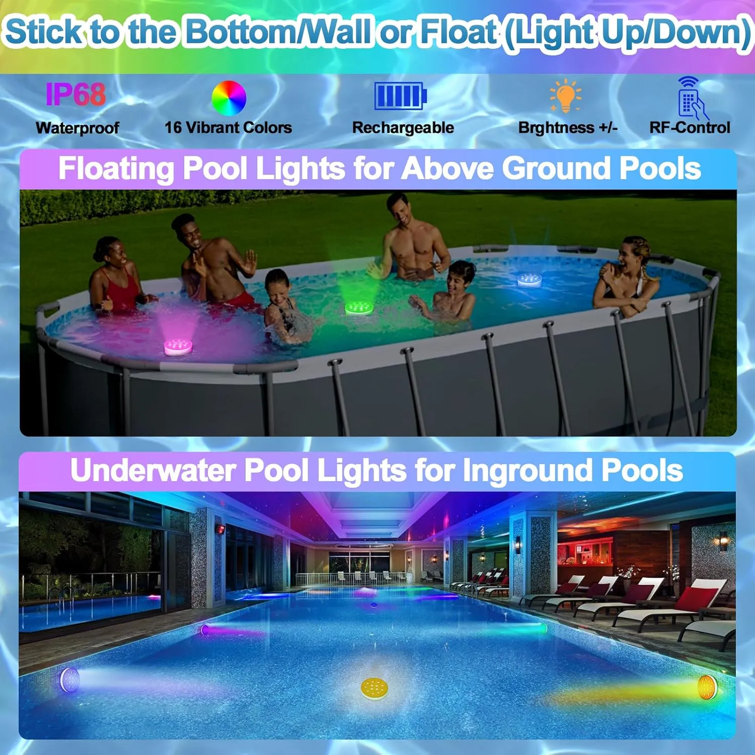 Pool Lights for Above Ground Inground Pool, Underwater Rechargeable Submersible LED Lights with Remote, IP68 Waterproof, Pool Light for Hot Tub, Shower, Vase, Fountain, Aquarium, Bath, Party, 4 Pack