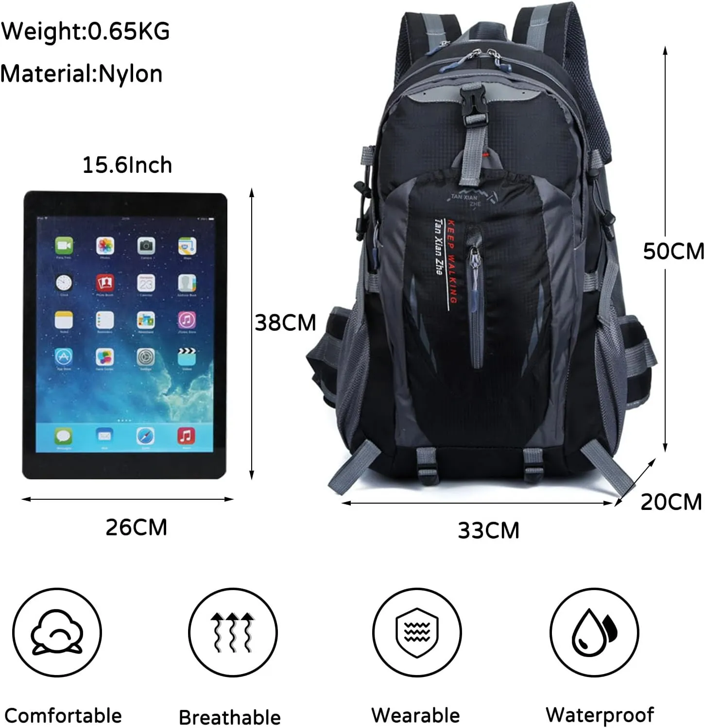 PORRASSO 40L Hiking Backpack Trekking Rucksack Waterproof Daypack Durable Backpack for Women Men Cycling Climbing Outdoor Sports Black