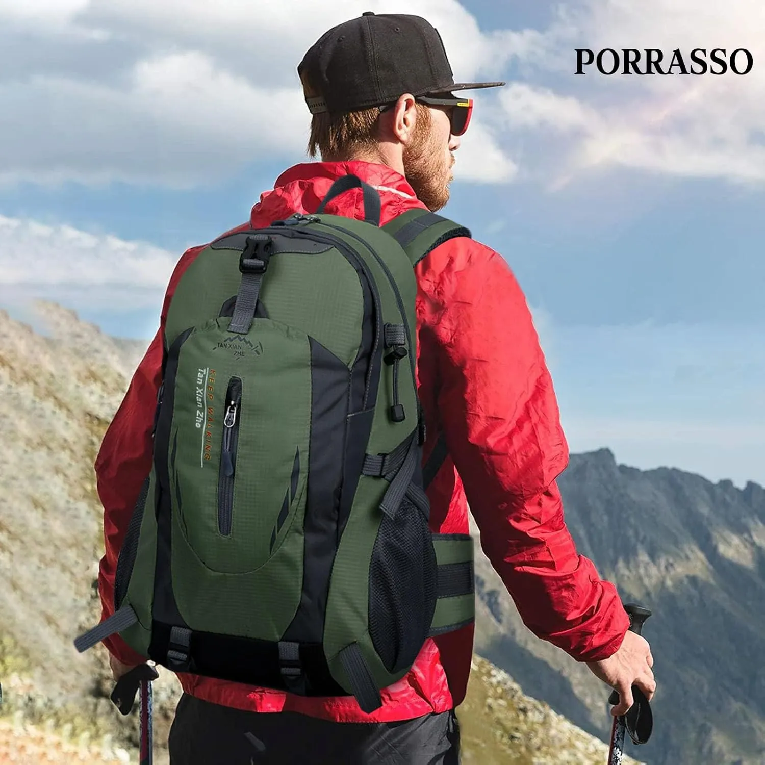 PORRASSO 40L Hiking Backpack Trekking Rucksack Waterproof Daypack Durable Backpack for Women Men Cycling Climbing Outdoor Sports Dark Green