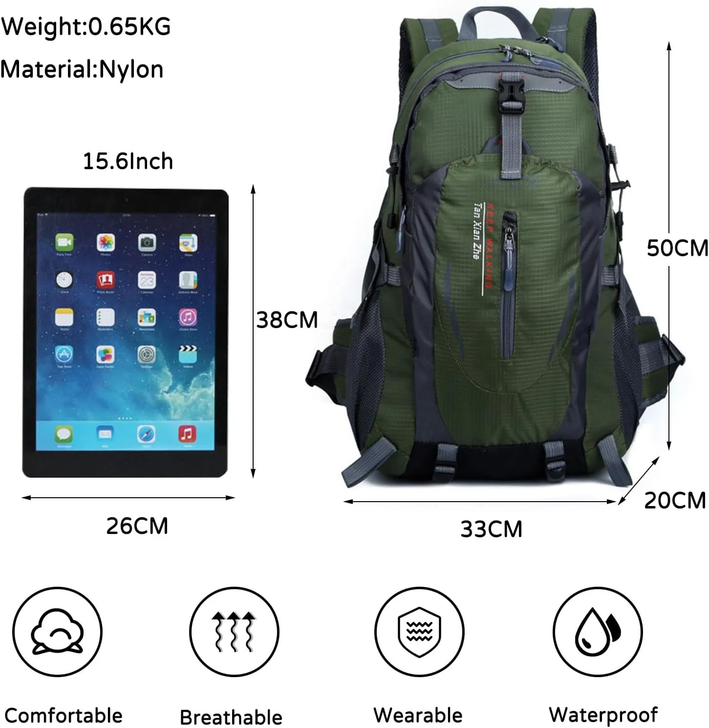 PORRASSO 40L Hiking Backpack Trekking Rucksack Waterproof Daypack Durable Backpack for Women Men Cycling Climbing Outdoor Sports Dark Green